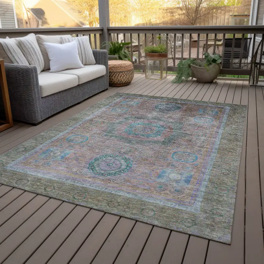Copper Blush And Teal Blue Oriental Washable Indoor Outdoor Area Rug Photo 8
