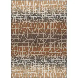 Photo of Copper Brown And Beige Geometric Washable Indoor Outdoor Area Rug