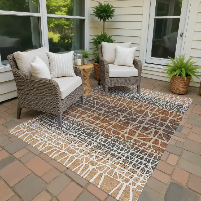 Copper Brown And Beige Geometric Washable Indoor Outdoor Area Rug Photo 4