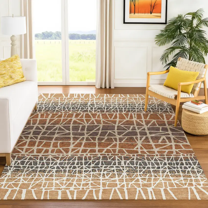 Copper Brown And Beige Geometric Washable Indoor Outdoor Area Rug Photo 5