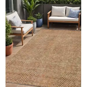 Photo of Copper Brown And Beige Geometric Washable Indoor Outdoor Area Rug