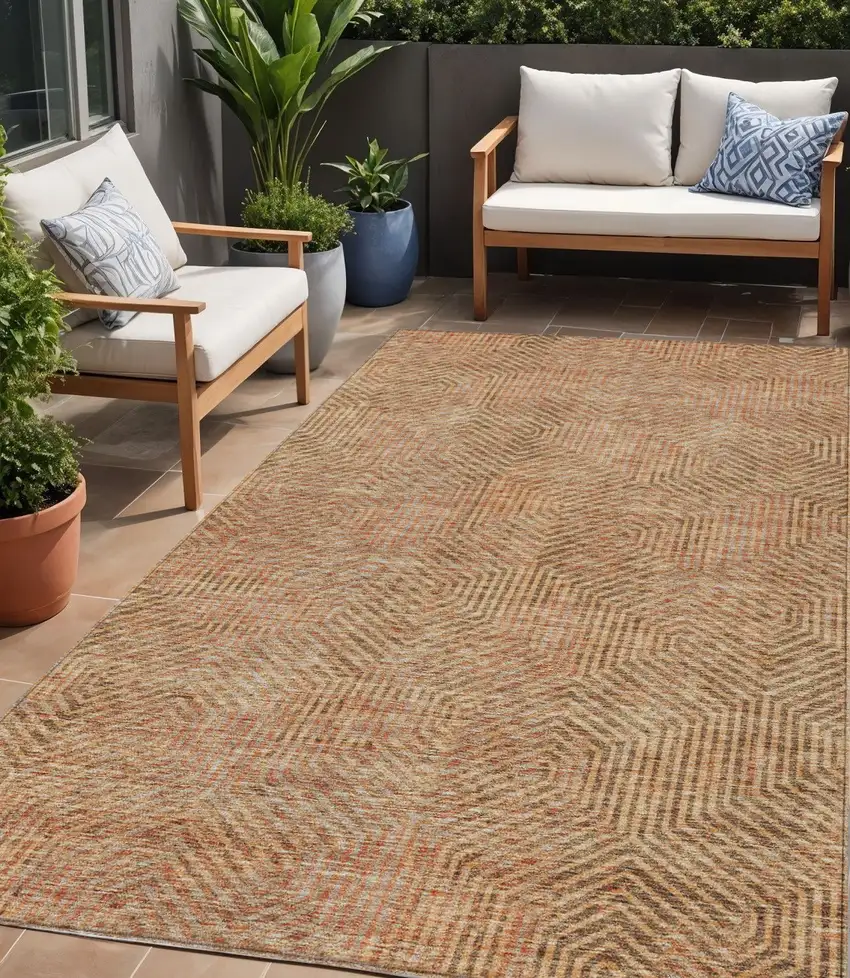 Copper Brown And Beige Geometric Washable Indoor Outdoor Area Rug Photo 1