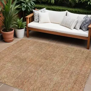 Photo of Copper Brown And Beige Geometric Washable Indoor Outdoor Area Rug