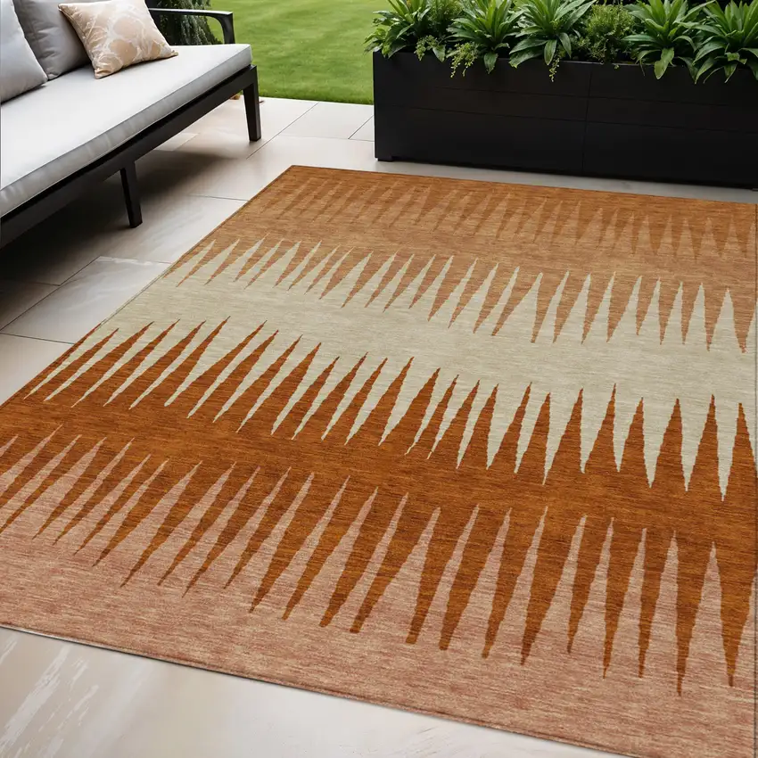 Copper Brown And Beige Striped Washable Indoor Outdoor Area Rug Photo 1