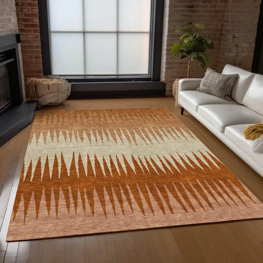 Copper Brown And Beige Striped Washable Indoor Outdoor Area Rug Photo 9
