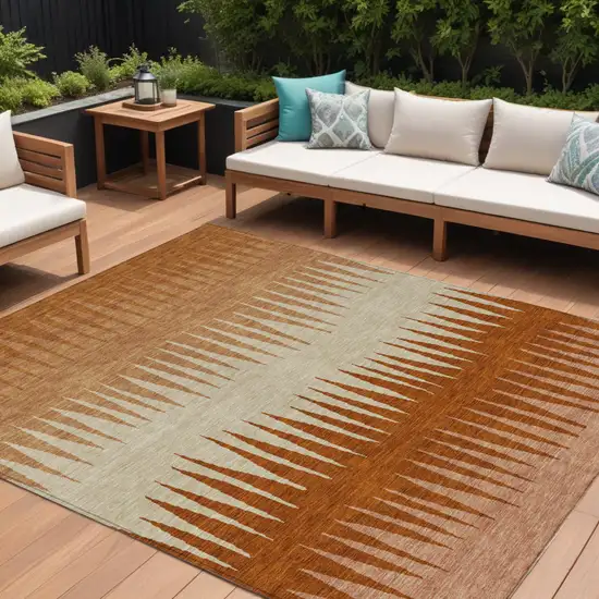 Copper Brown And Beige Striped Washable Indoor Outdoor Area Rug Photo 1