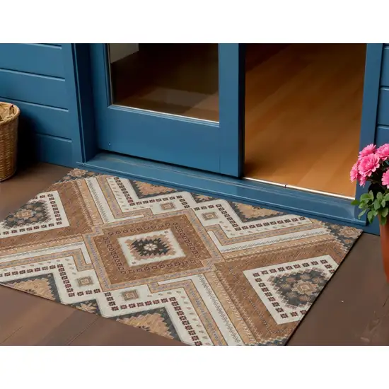 Copper Brown And Beige Tribal Washable Indoor Outdoor Area Rug Photo 1