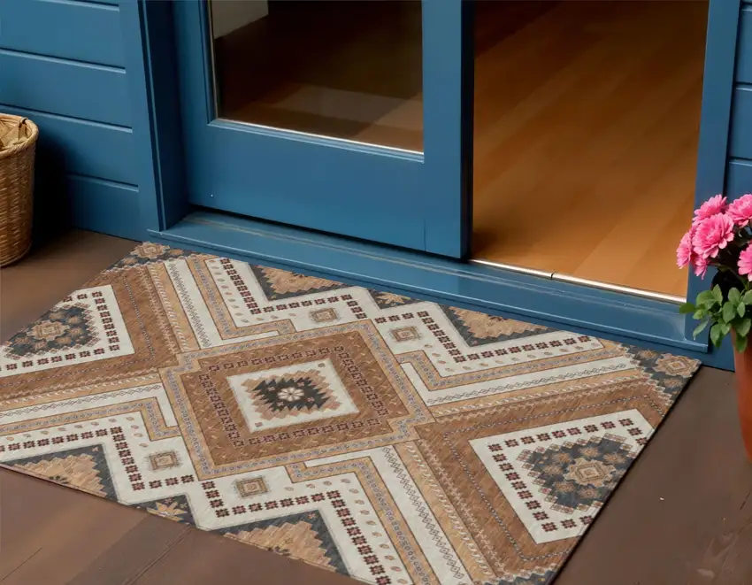 Copper Brown And Beige Tribal Washable Indoor Outdoor Area Rug Photo 1