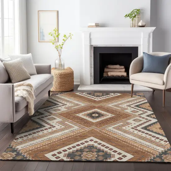 Copper Brown And Beige Tribal Washable Indoor Outdoor Area Rug Photo 7