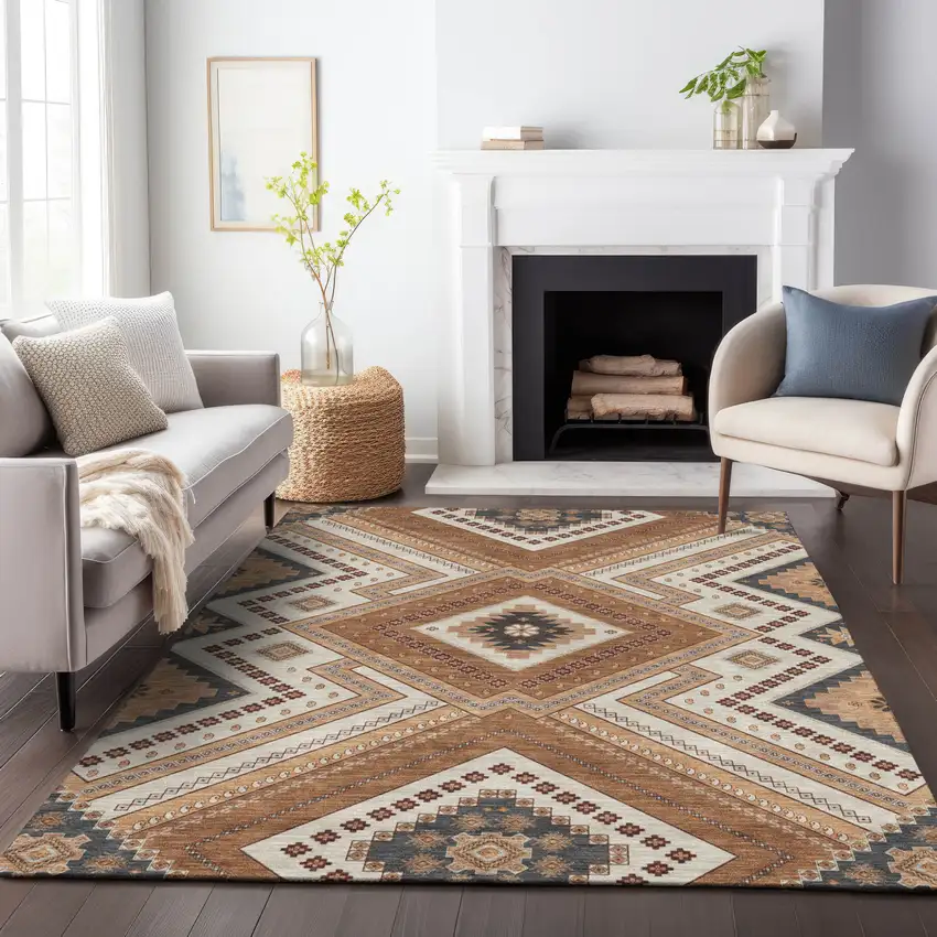 Copper Brown And Beige Tribal Washable Indoor Outdoor Area Rug Photo 7