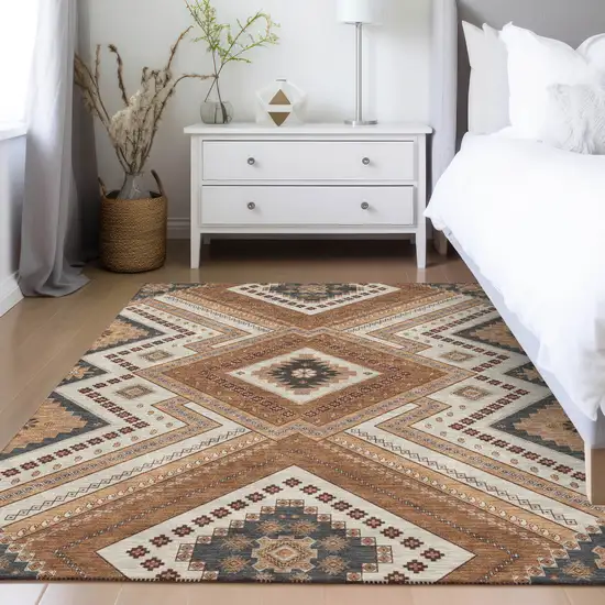 Copper Brown And Beige Tribal Washable Indoor Outdoor Area Rug Photo 8