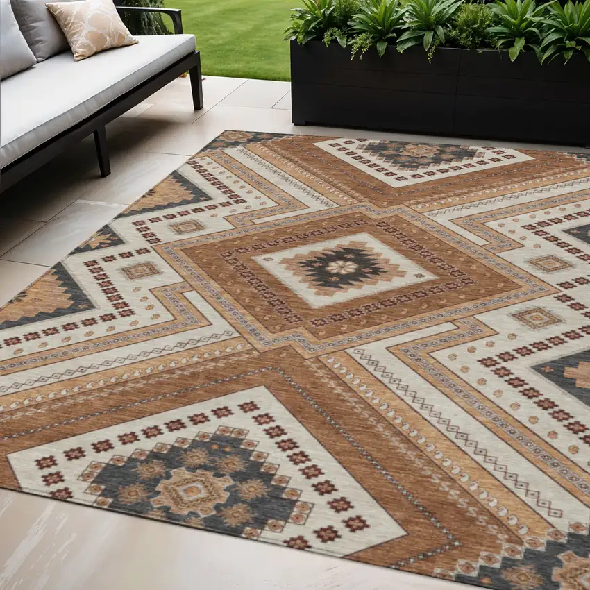 Copper Brown And Beige Tribal Washable Indoor Outdoor Area Rug Photo 1