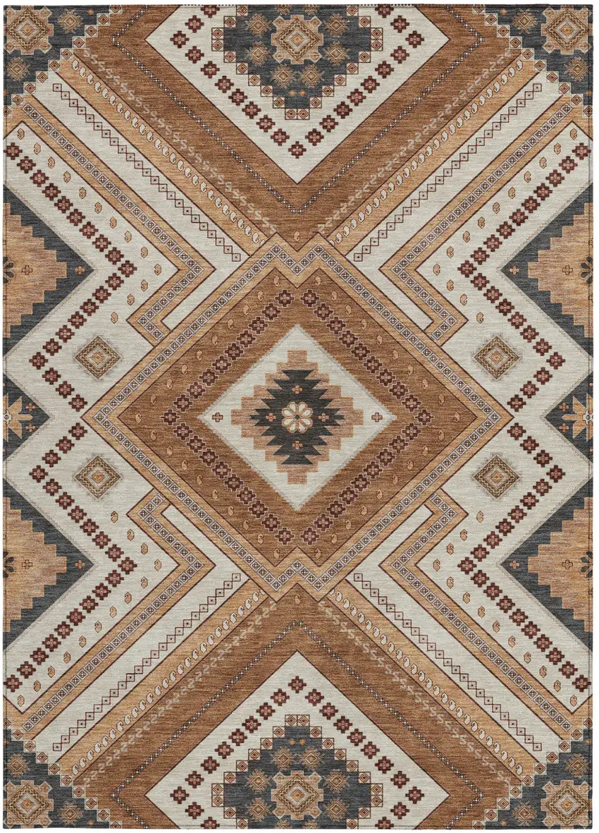 Copper Brown And Beige Tribal Washable Indoor Outdoor Area Rug Photo 5