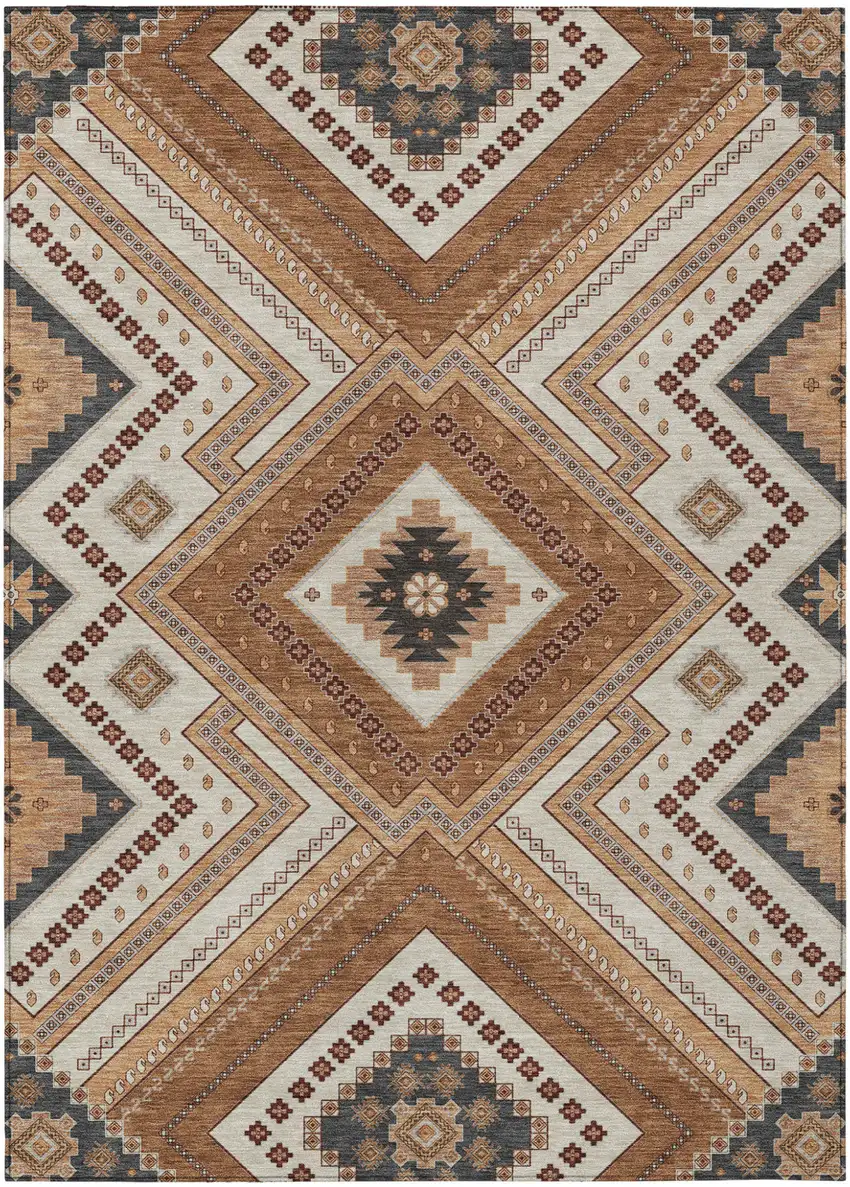 Copper Brown And Beige Tribal Washable Indoor Outdoor Area Rug Photo 1