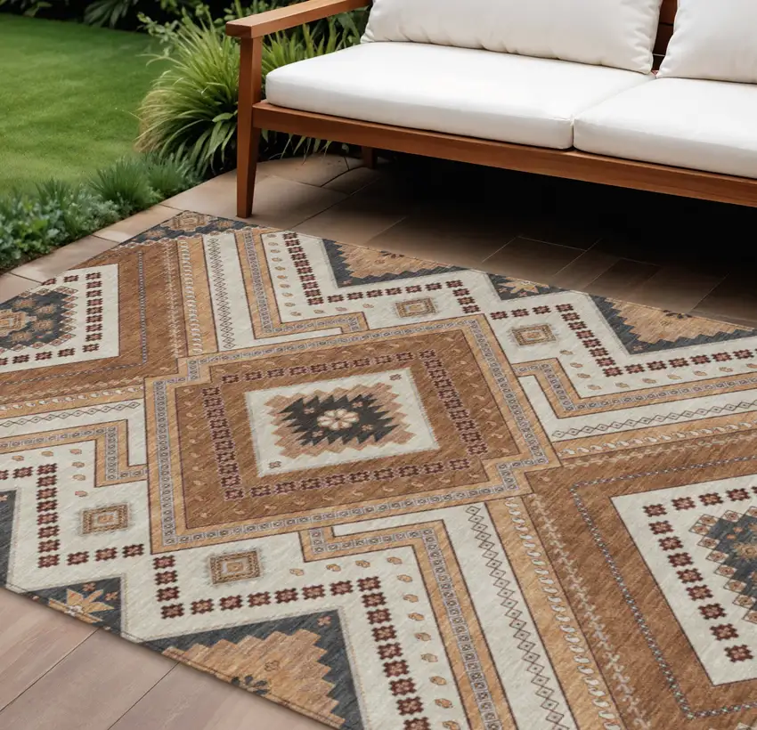 Copper Brown And Beige Tribal Washable Indoor Outdoor Area Rug Photo 1