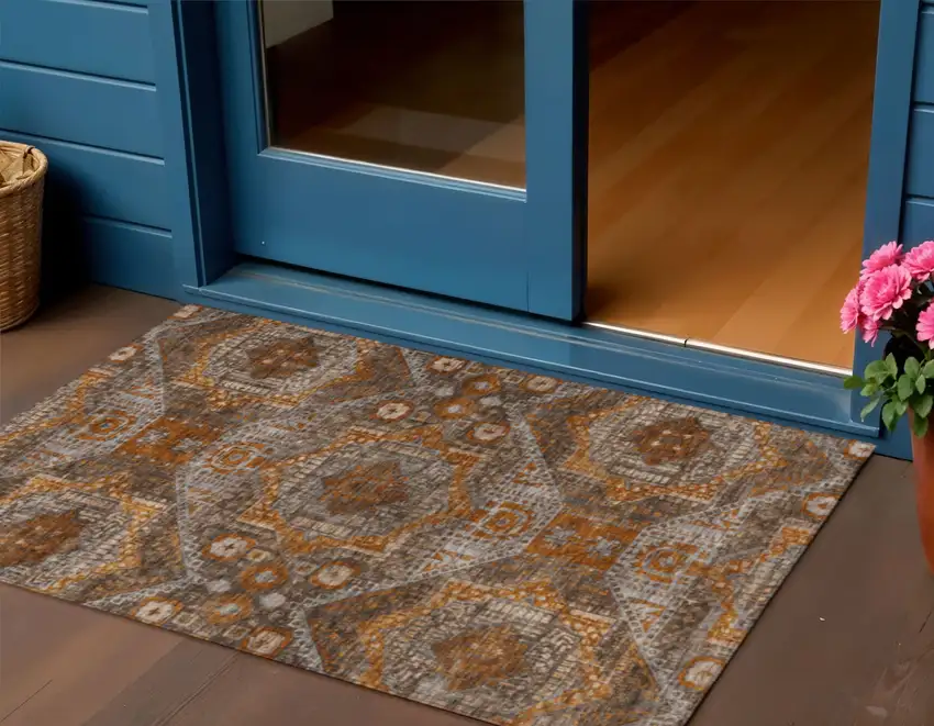 Copper Brown And Gray Moroccan Washable Indoor Outdoor Area Rug Photo 2