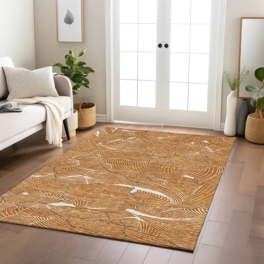Copper Brown And Ivory Abstract Washable Indoor Outdoor Area Rug Photo 9