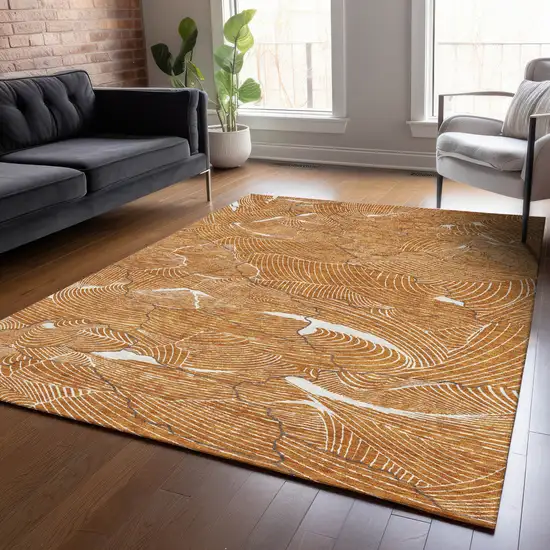 Copper Brown And Ivory Abstract Washable Indoor Outdoor Area Rug Photo 9