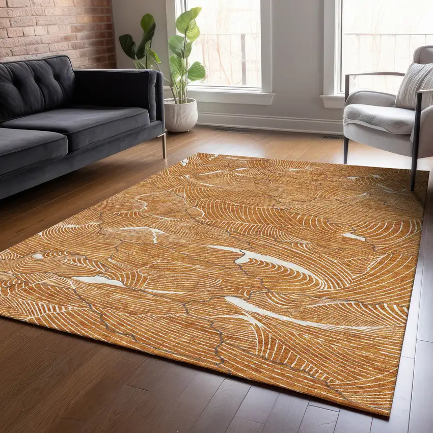 Copper Brown And Ivory Abstract Washable Indoor Outdoor Area Rug Photo 9