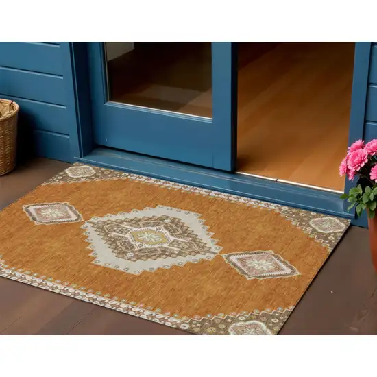 Copper Brown And Ivory Oriental Washable Indoor Outdoor Area Rug Photo 1
