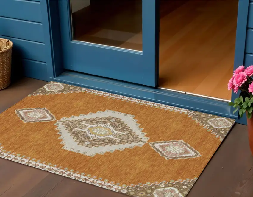Copper Brown And Ivory Oriental Washable Indoor Outdoor Area Rug Photo 1