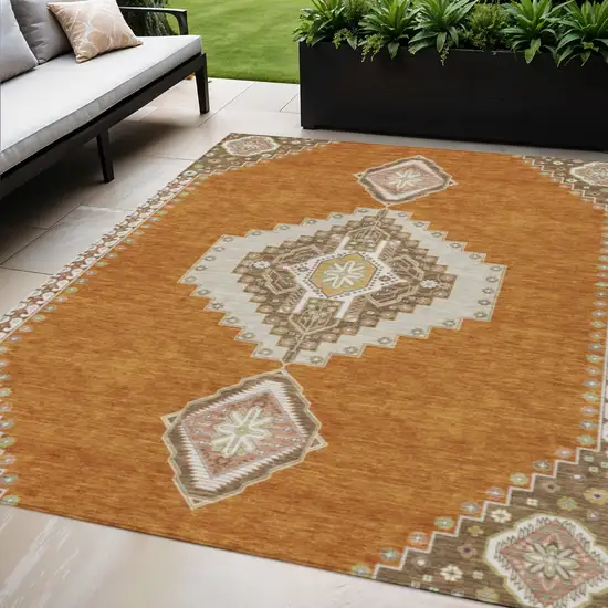 Copper Brown And Ivory Oriental Washable Indoor Outdoor Area Rug Photo 1