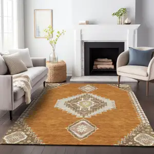 Photo of Copper Brown And Ivory Oriental Washable Indoor Outdoor Area Rug