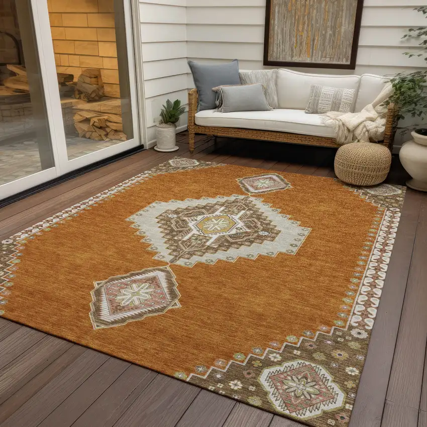 Copper Brown And Ivory Oriental Washable Indoor Outdoor Area Rug Photo 8