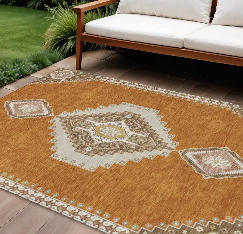 Copper Brown And Ivory Oriental Washable Indoor Outdoor Area Rug Photo 1