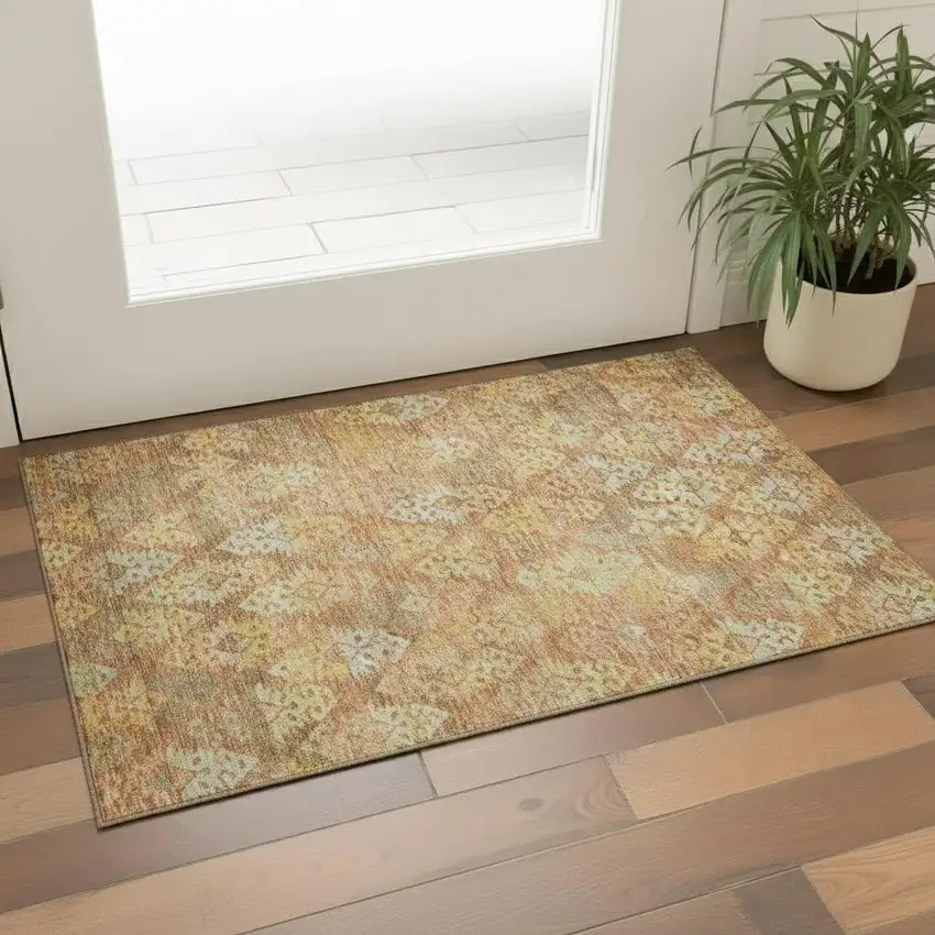 Copper Gold And Beige Ikat Washable Area Rug With UV Protection Photo 2