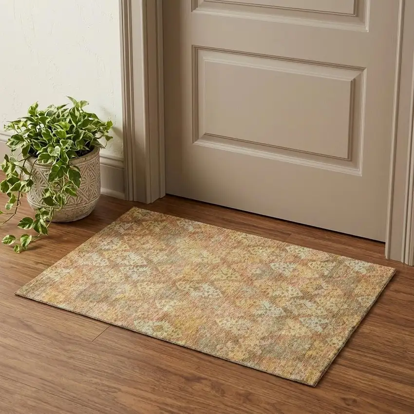 Copper Gold And Beige Ikat Washable Area Rug With UV Protection Photo 1