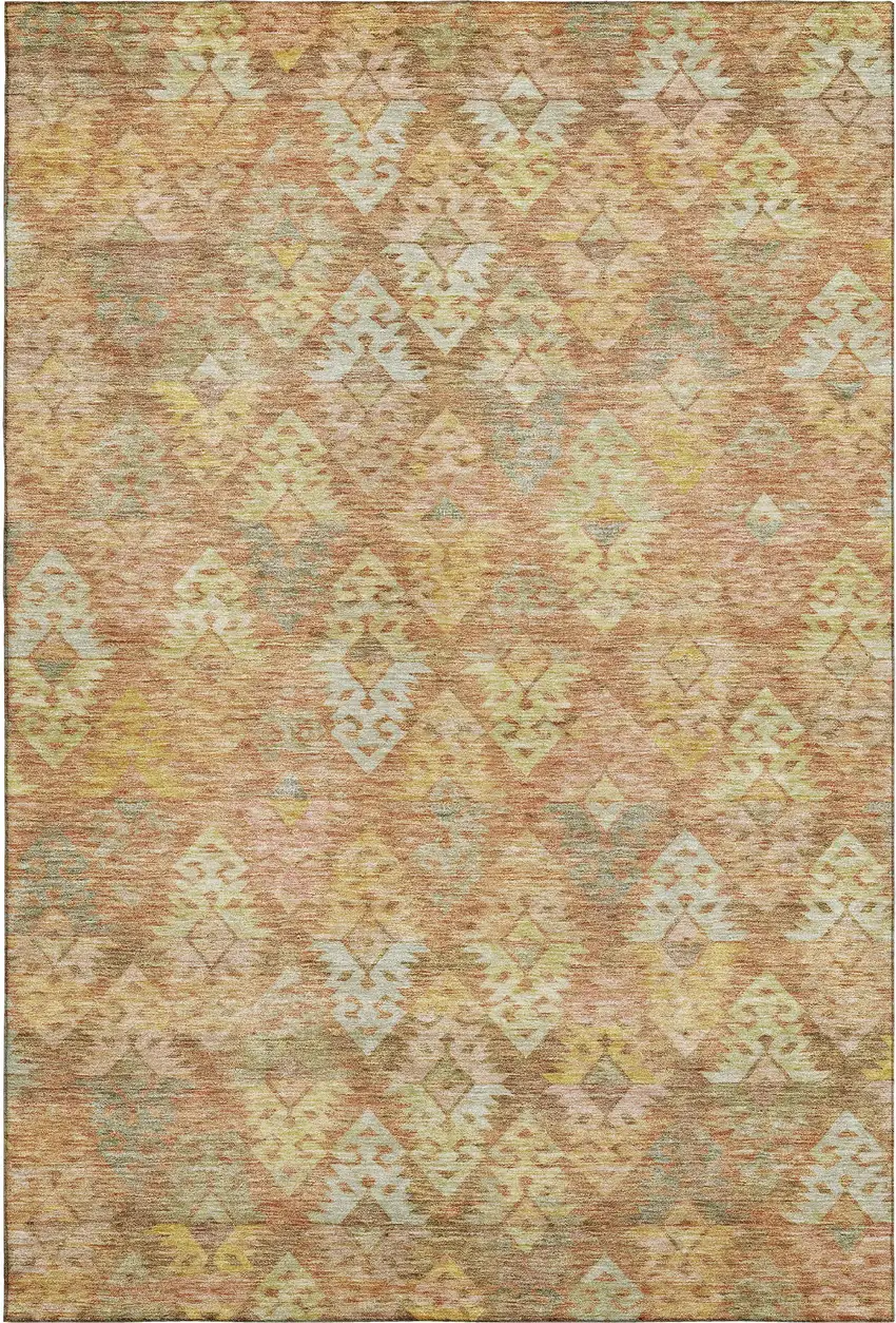 Copper Gold And Beige Ikat Washable Area Rug With UV Protection Photo 1