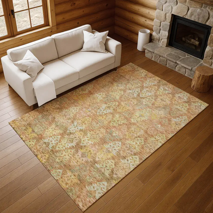 Copper Gold And Beige Ikat Washable Area Rug With UV Protection Photo 5