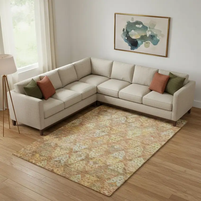 Copper Gold And Beige Ikat Washable Area Rug With UV Protection Photo 2