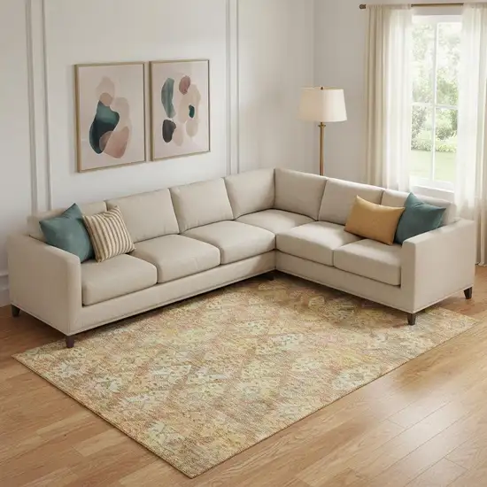 Copper Gold And Beige Ikat Washable Area Rug With UV Protection Photo 2