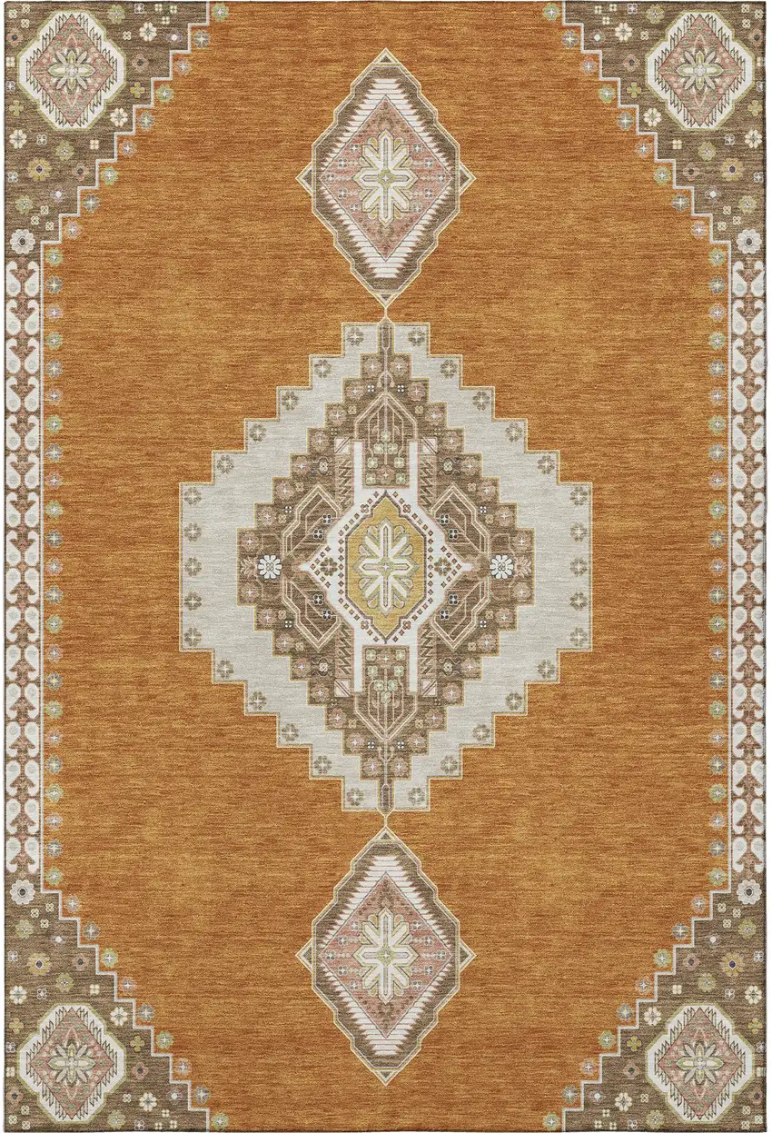 Copper Gold And Beige Oriental Washable Area Rug With UV Protection Photo 3
