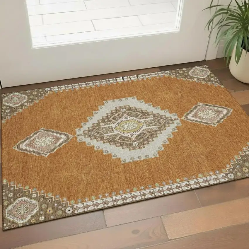 Copper Gold And Beige Oriental Washable Area Rug With UV Protection Photo 2