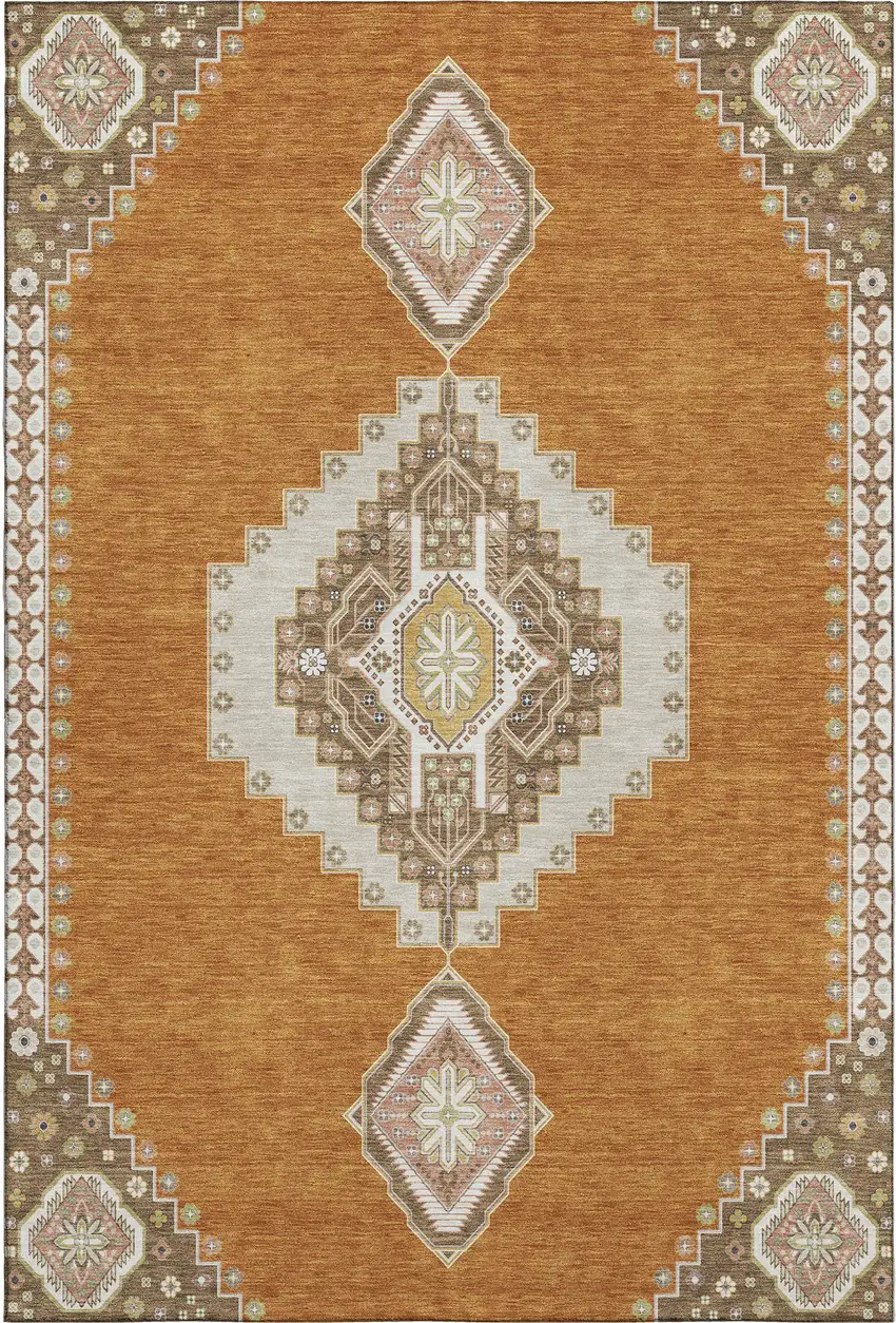Copper Gold And Beige Oriental Washable Area Rug With UV Protection Photo 1