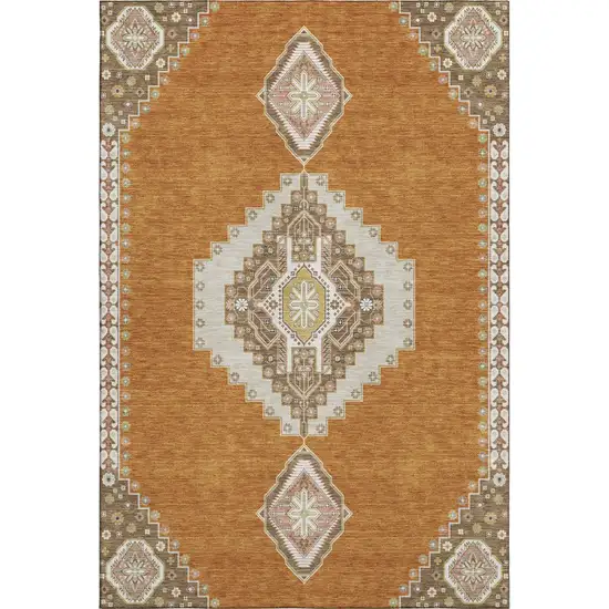 Copper Gold And Beige Oriental Washable Area Rug With UV Protection Photo 1
