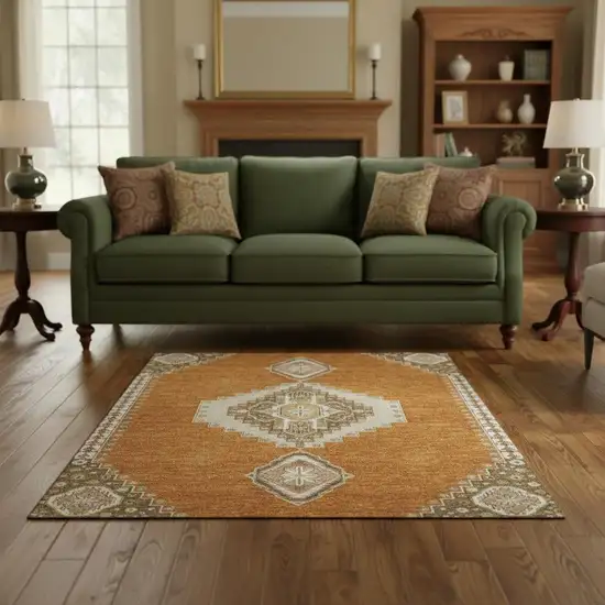 Copper Gold And Beige Oriental Washable Area Rug With UV Protection Photo 2