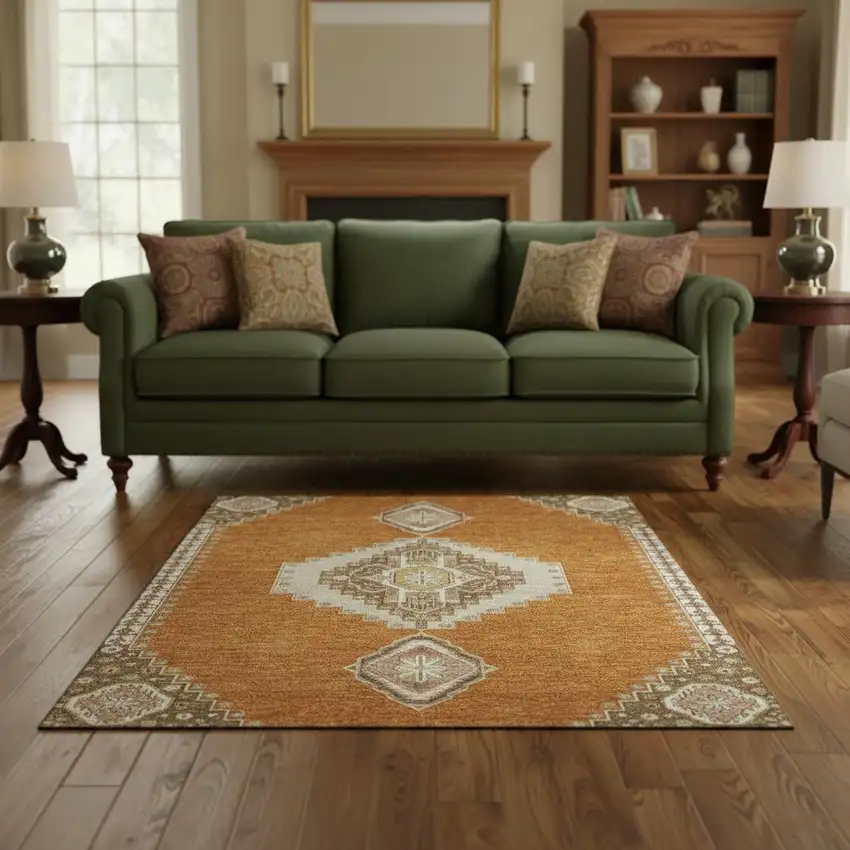 Copper Gold And Beige Oriental Washable Area Rug With UV Protection Photo 2