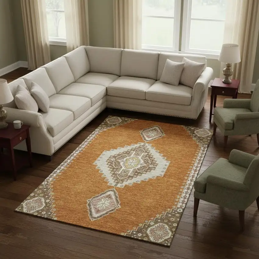 Copper Gold And Beige Oriental Washable Area Rug With UV Protection Photo 2