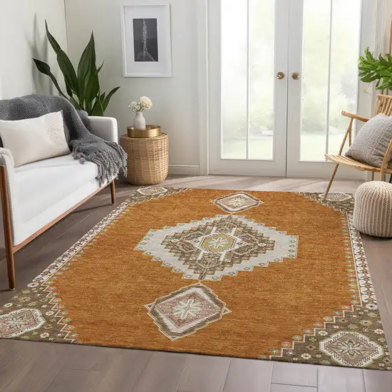 Copper Gold And Beige Oriental Washable Area Rug With UV Protection Photo 5
