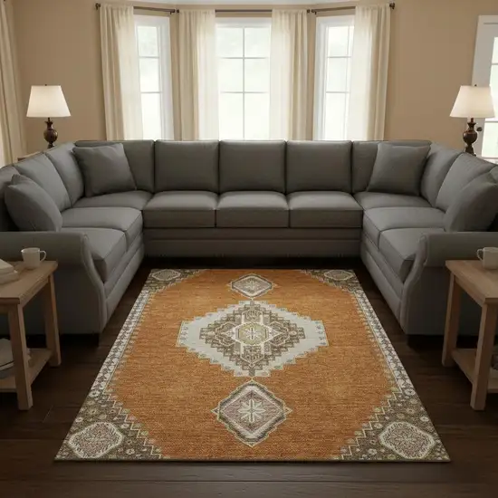 Copper Gold And Beige Oriental Washable Area Rug With UV Protection Photo 2