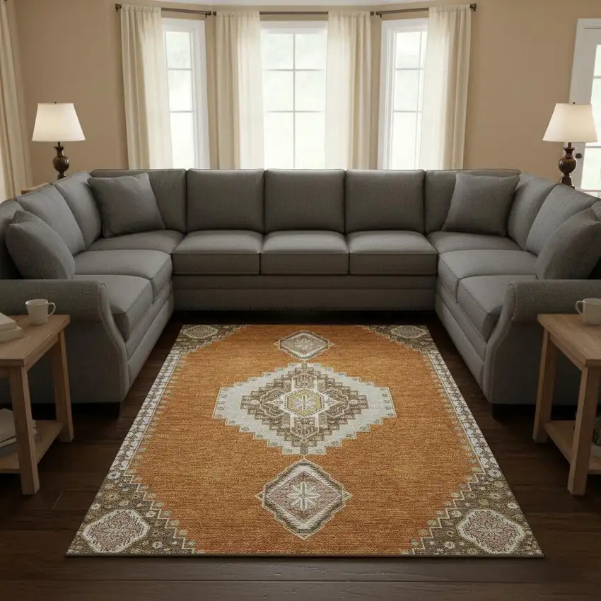 Copper Gold And Beige Oriental Washable Area Rug With UV Protection Photo 2