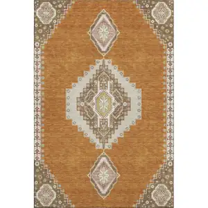 Photo of Copper Gold And Beige Oriental Washable Area Rug With UV Protection