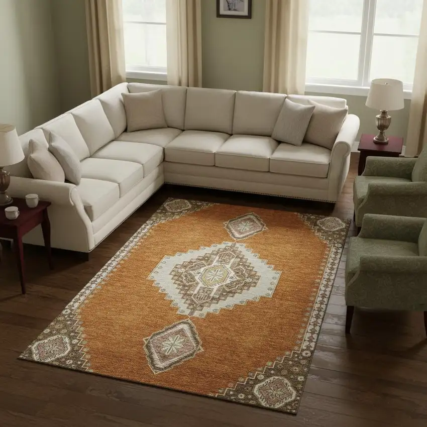 Copper Gold And Beige Oriental Washable Area Rug With UV Protection Photo 2