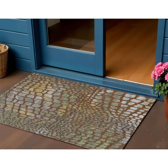 Copper Gold And Brown Abstract Washable Indoor Outdoor Area Rug Photo 1