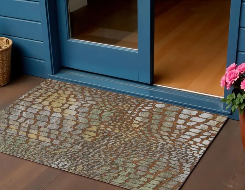 Copper Gold And Brown Abstract Washable Indoor Outdoor Area Rug Photo 1