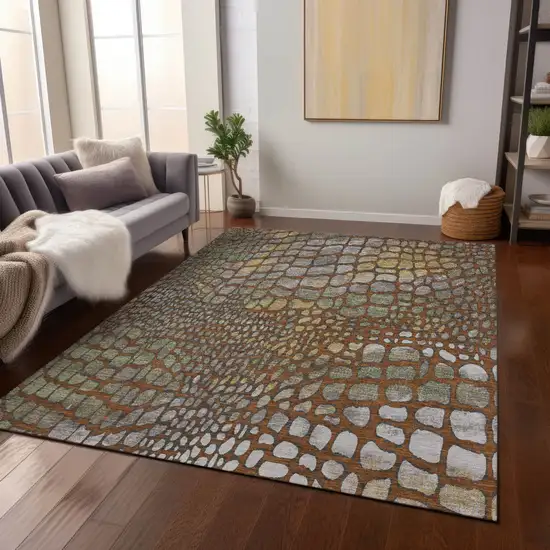 Copper Gold And Brown Abstract Washable Indoor Outdoor Area Rug Photo 8